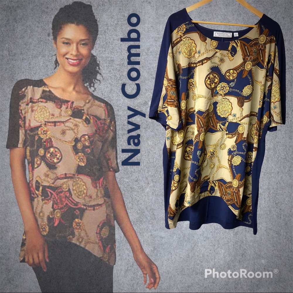 George Simonton Status Print Woven Front Knit Back Shirt, 2X Navy Combo A226284